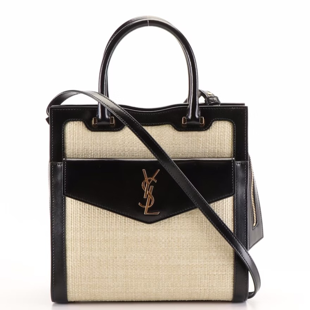 Very Rare! YSL Saint Laurent Uptown 2 in 1 Tote Canvas w/ Leather RAFFIA SATCHEL - Picture 8 of 16